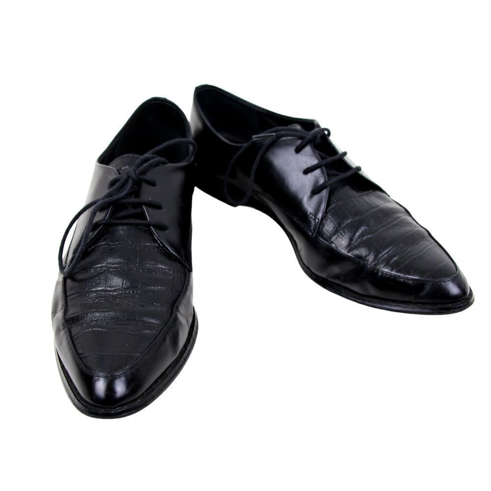 SABA BLACK GENUINE LEATHER CROCO PRINT LACE LOW HEEL POINTED TOE OXFORD SHOES 39